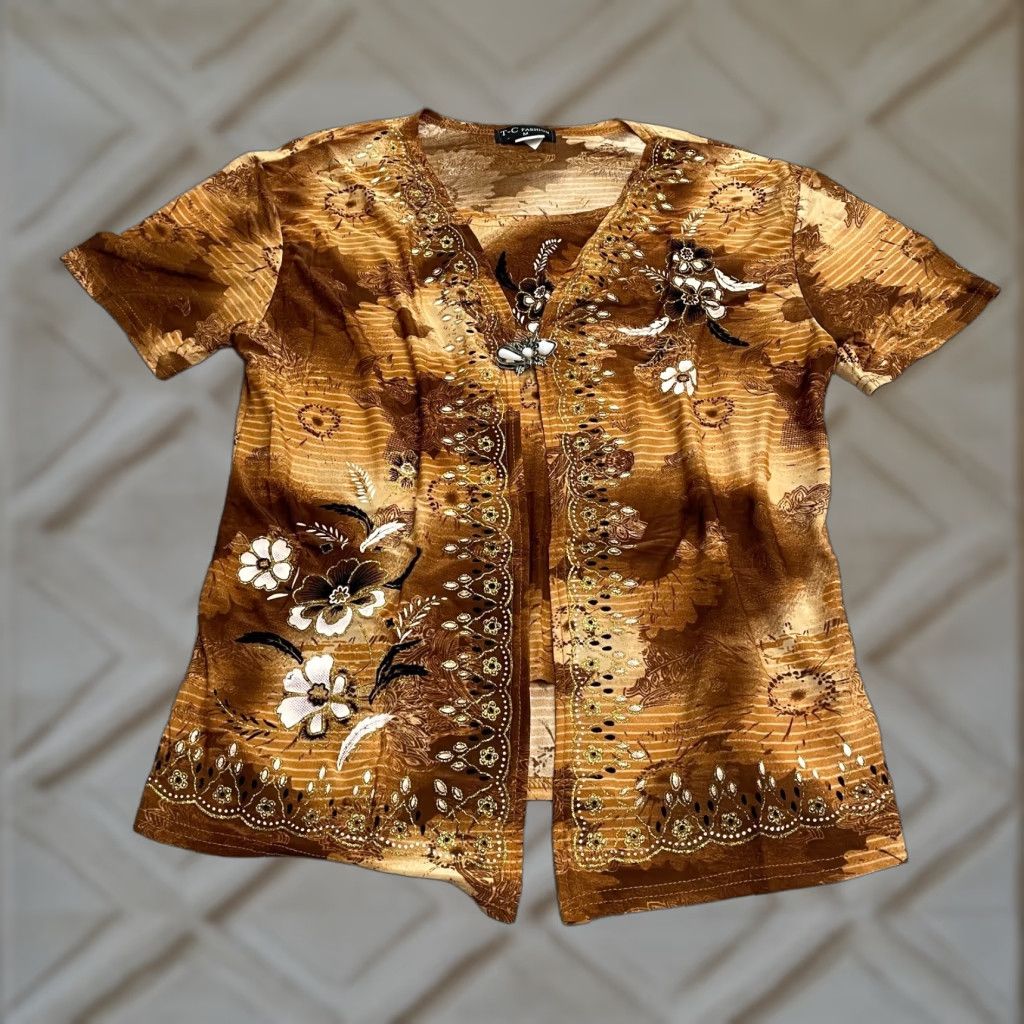 Vintage T-C Fashion Open Cover Up Top Womens Medium Brown Floral Casual Bohemian Knit V-Neck Short Sleeve Lightweight Stretch Shirt Blouse Beach Kimono Size M / US 6-8 / IT 42-44 - 1 Thumbnail