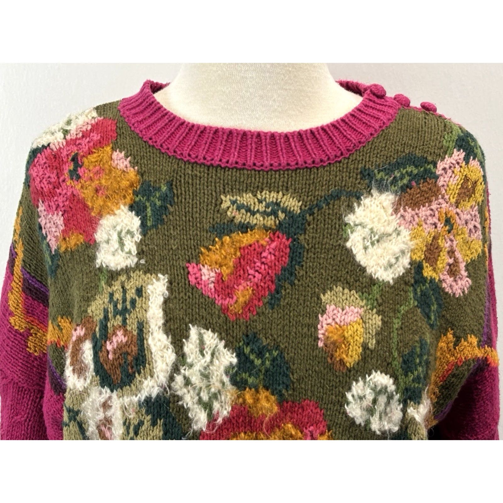 Vintage VINTAGE Michelle Stuart Studio Floral Sweater — Knit Pullover, Chunky Pink, 90s Cottagecore, Medium, Women, Casual Wear Size M / US 6-8 / IT 42-44 - 5 Thumbnail