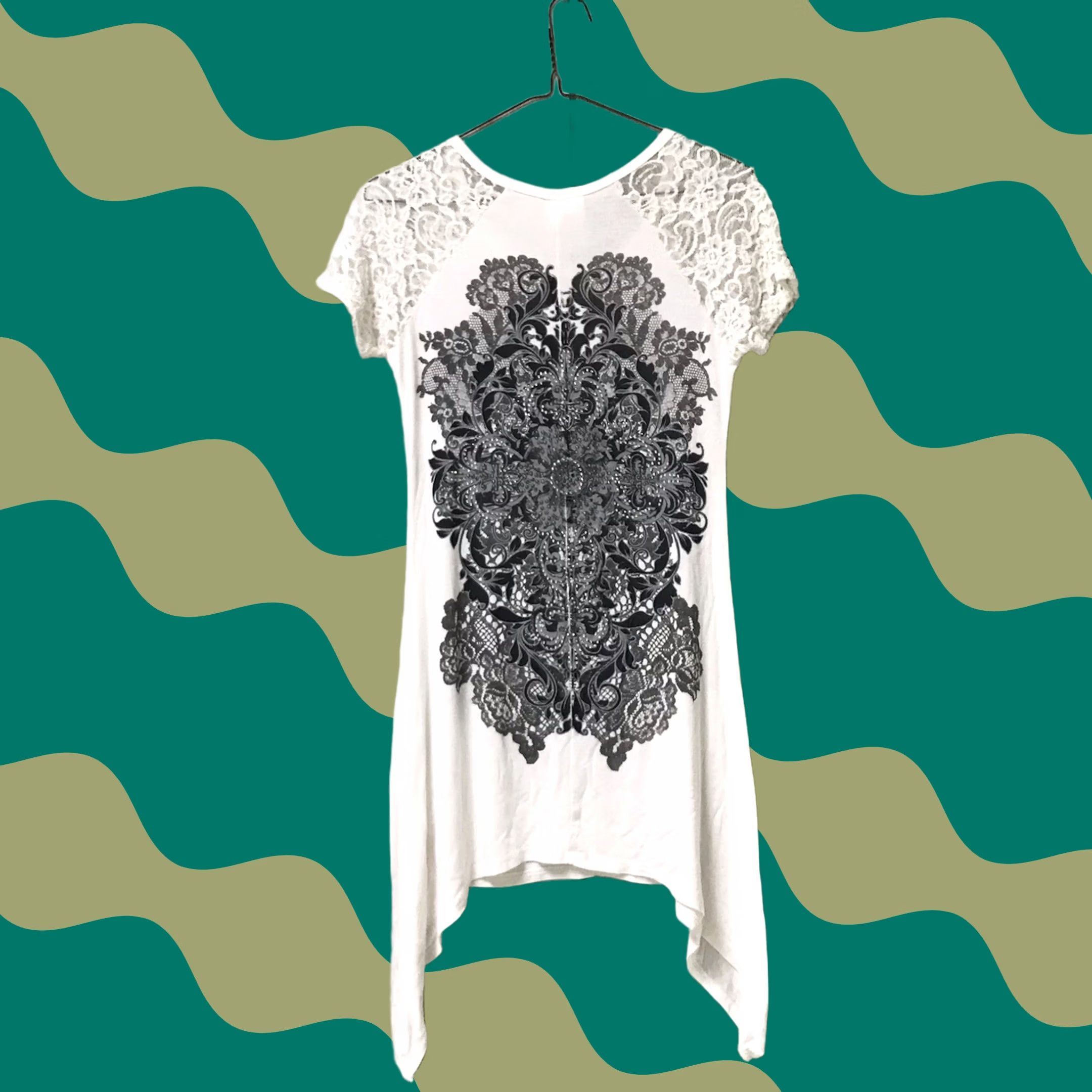 Vintage Vocal White Damask Cross Lace Bling Asymmetrical Short Sleeve Top S Shirt Womens USA Vintage No Size S / US 4 / IT 40 - 1 Thumbnail
