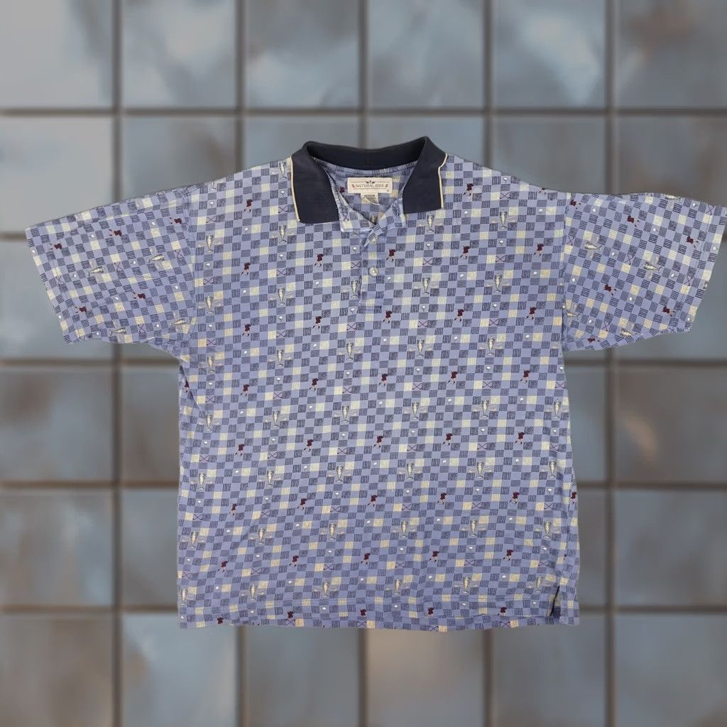 Vintage VINTAGE Natural Issue Polo Shirt Mens M Blue Checkered Golf Trophy AOP 90s Retro Size US M / EU 48-50 / 2 - 1 Thumbnail