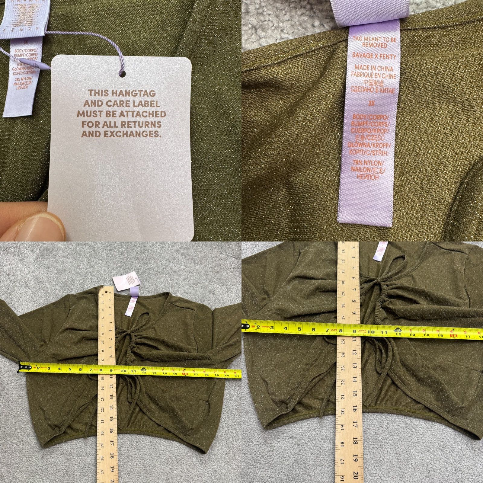 Olive Savage x Fenty by Rihanna Long Sleeve Tie Front Crop Blouse 3X Olive Green Metallic Clubwear Womens Size XXL / US 16-18 / IT 52-54 - 8 Thumbnail