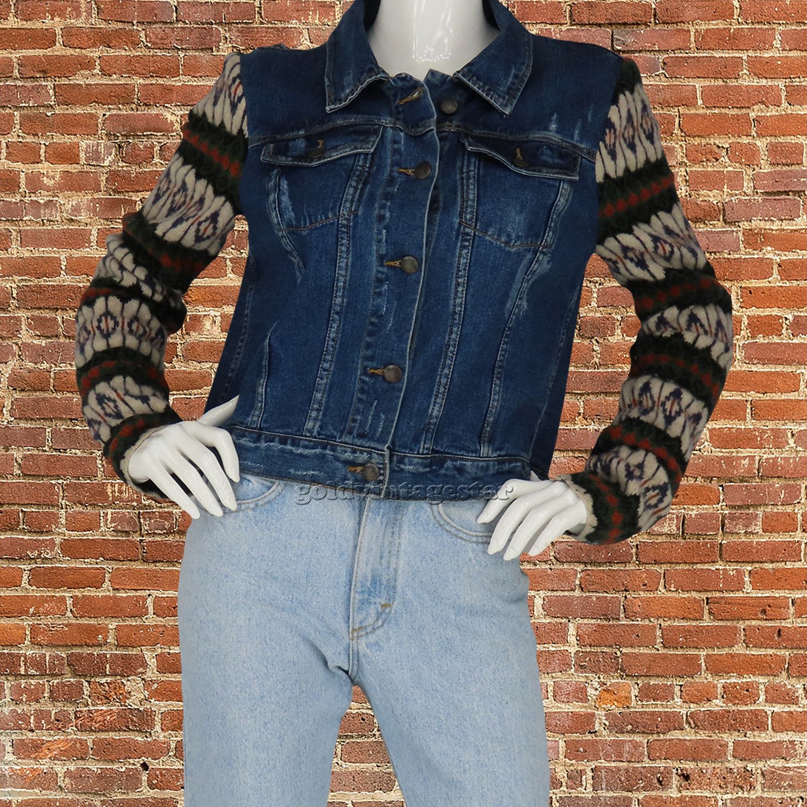 Free People Aztec Denim Jacket Wool Sleeves Llist on