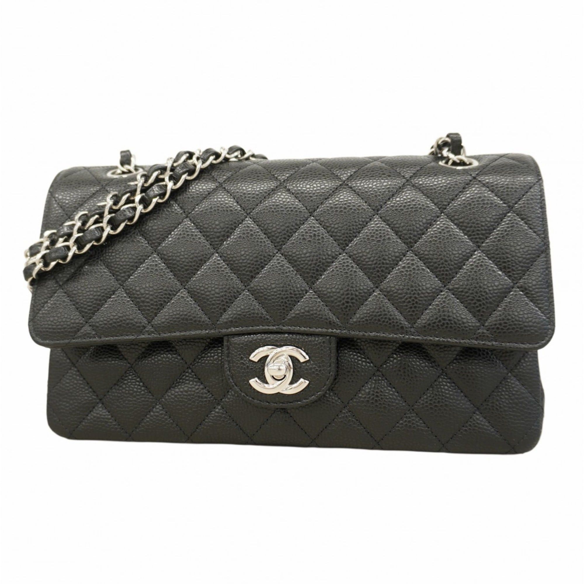 Chanel Matelasse Shoulder Bag With Double Flap And Chain, Caviar Skin, Black, Women's