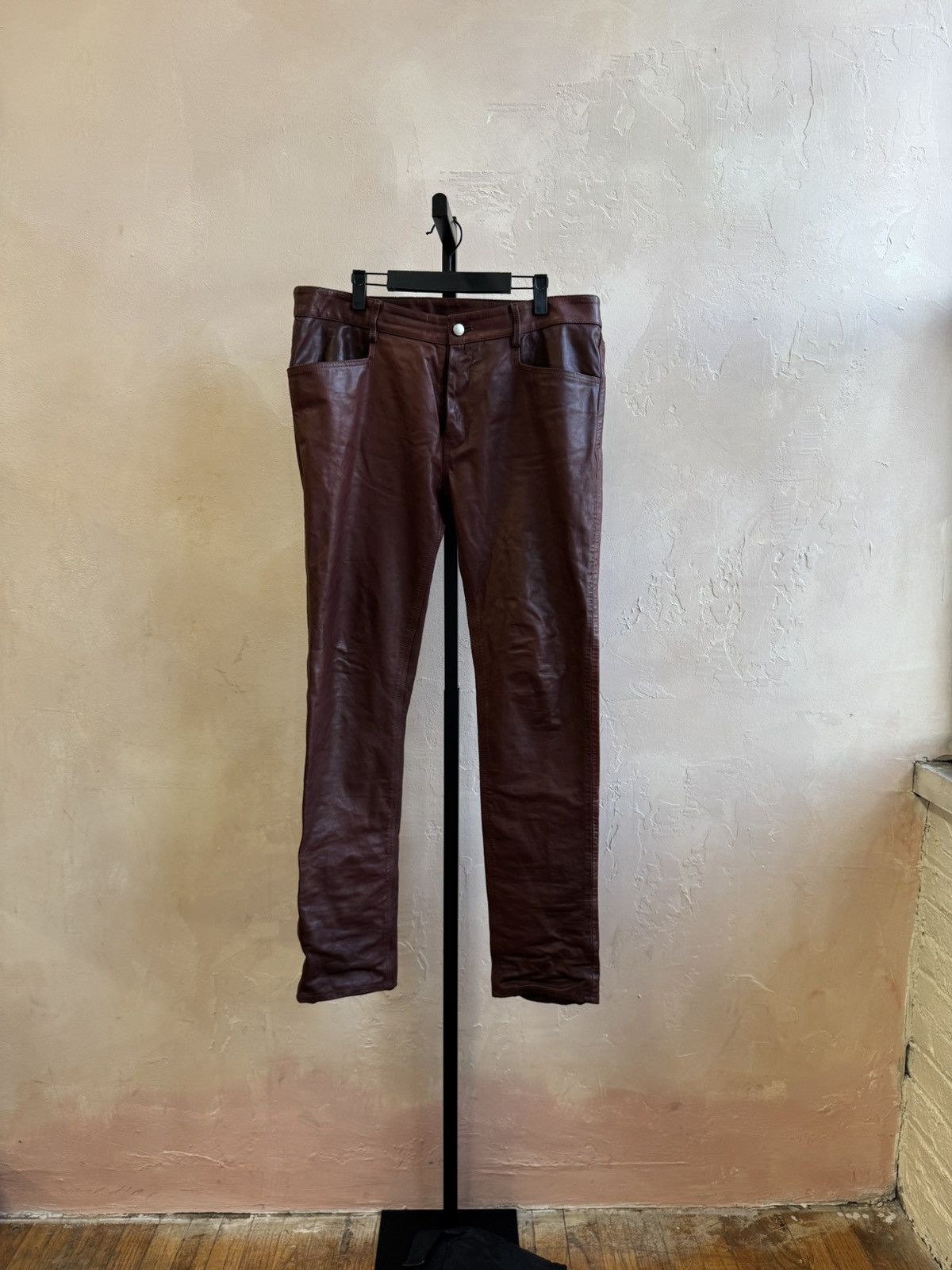 Rick Owens AW22 TYRONE LEATHER PANTS MACASSAR BROWN BIKER SKINNY SLIM Size US 35 - 3 Thumbnail
