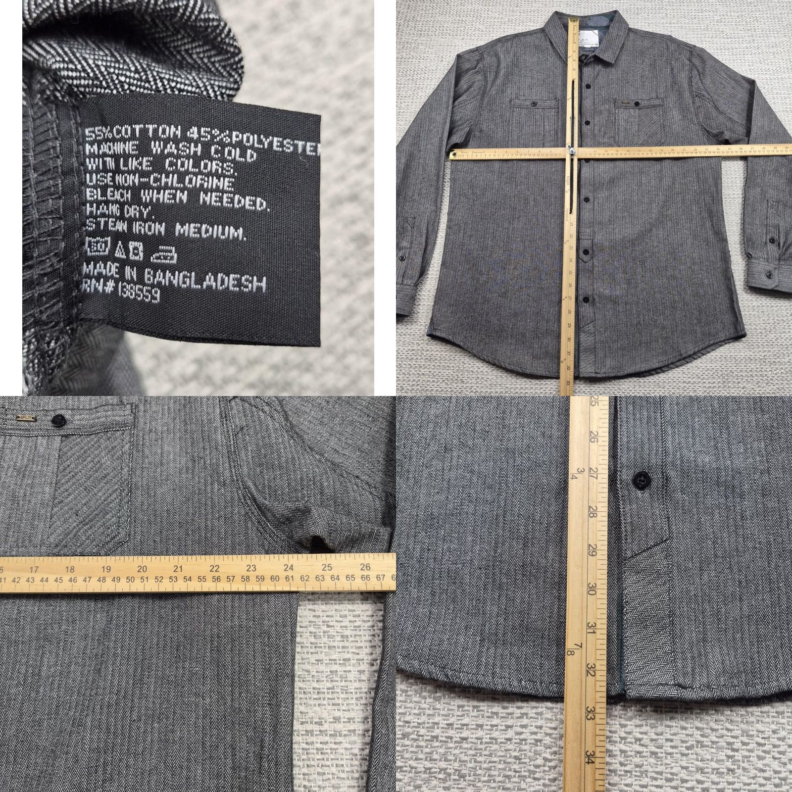 Vintage Split Shirt Mens 2XL Button-Up Gray Herringbone Long Sleeve Twill Casual Shirt Size US XXL / EU 58 / 5 - 9 Thumbnail
