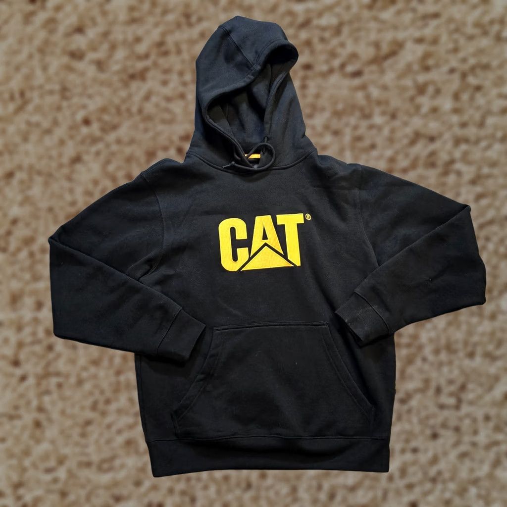 Vintage CAT Hoodie Men Small Black Yellow Embroidered Caterpillar Construction Embroidery Pockets Heavyweight Hooded Pullover Size US S / EU 44-46 / 1 - 1 Thumbnail
