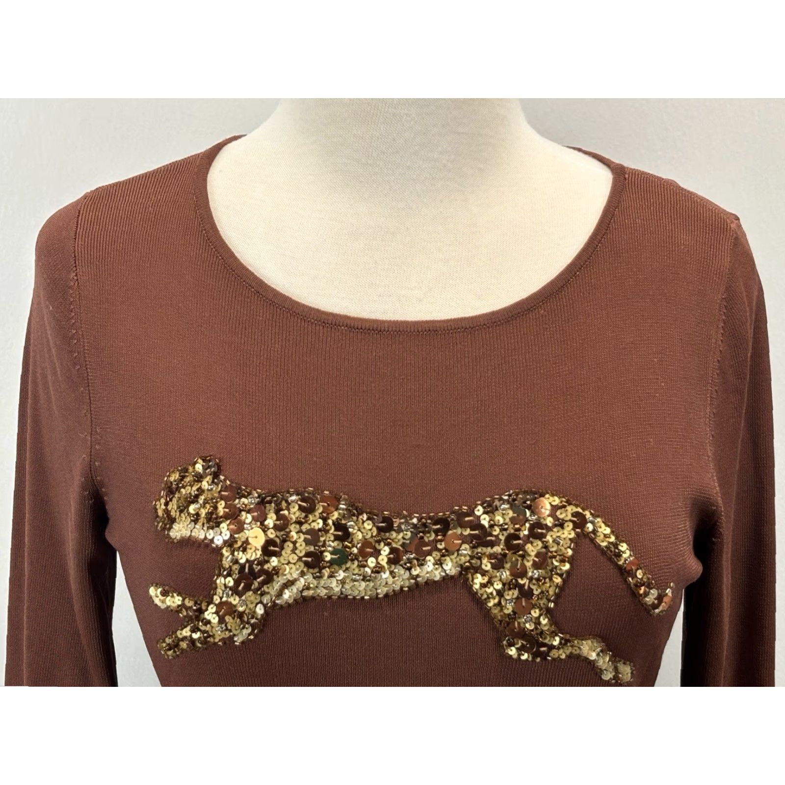 Lee VINTAGE Robbie Lee Knitworks Beaded Sweater Cheetah Beaded Sequin Stretch 90s Women Medium Rust Size M / US 6-8 / IT 42-44 - 5 Thumbnail