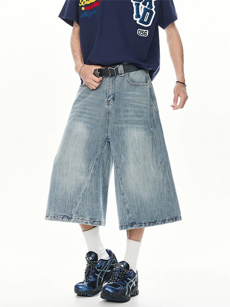 Jean American washed men's loose wide-leg patchwork denim shorts Size US 32 / EU 48 - 1 Thumbnail