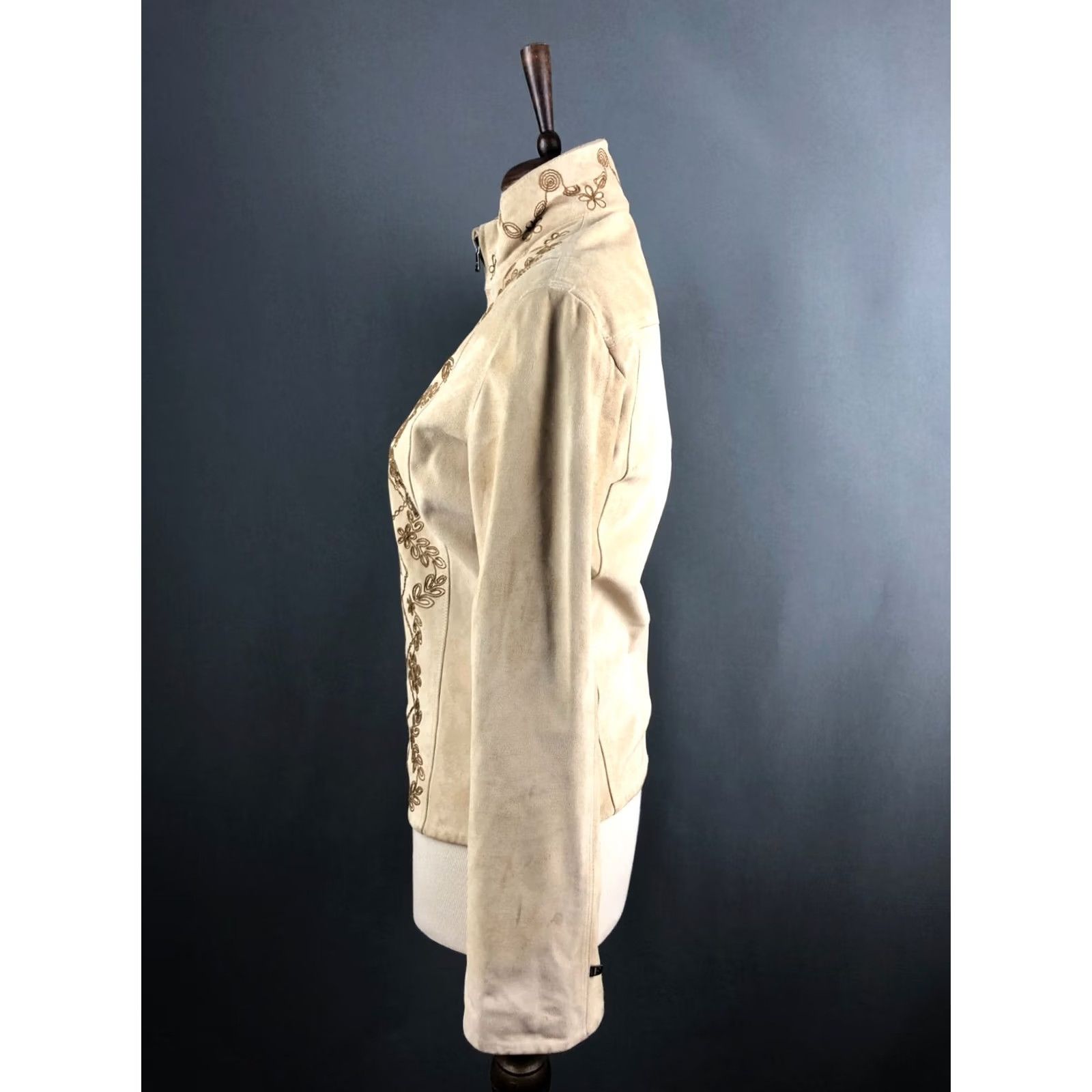 Vintage Ferre Leather Beige Skirt Suit Women Size S - Floral Velour Jacket & Skirt Set, 2 Piece, Lined, Full Zip, Single-Breasted, Vintage No, US Buyer Note! Size 28" / US 6 / IT 42 - 2 Thumbnail