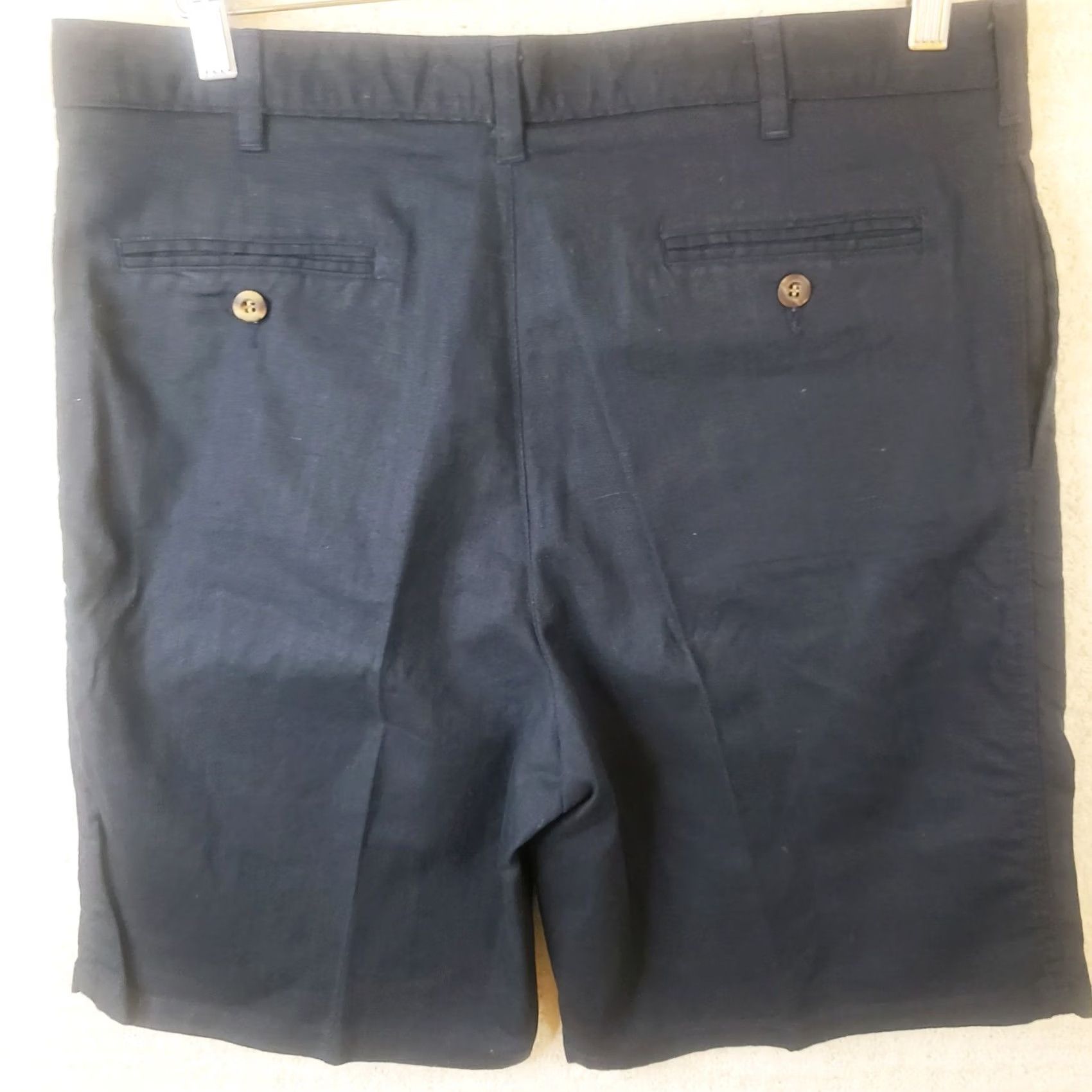 Vintage Northern Isles Men's Navy Blue Pleated Front Shorts Linen Cotton Blend 36x9 Regular Inseam 9 in Navy Chino Casual Travel Summer Spring Fall Mens Size US 36 / EU 52 - 6 Thumbnail