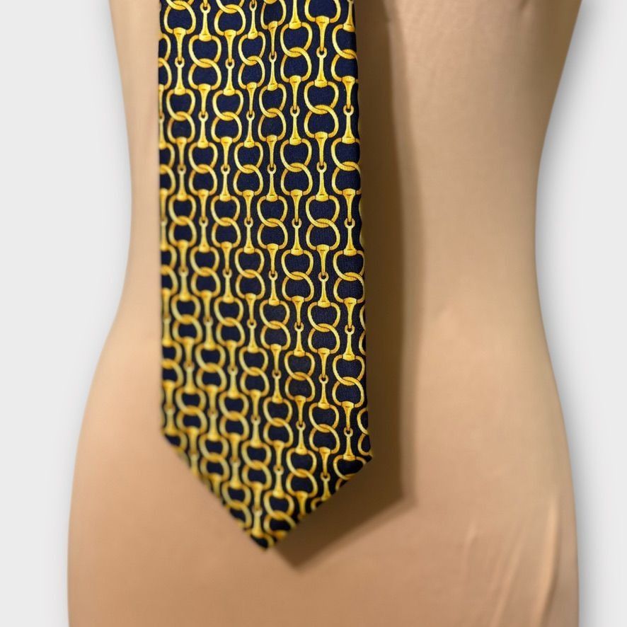 Burberry Burberry Horsebit Tie Navy Blue Yellow Silk Classic Preppy A Size ONE SIZE - 5 Thumbnail