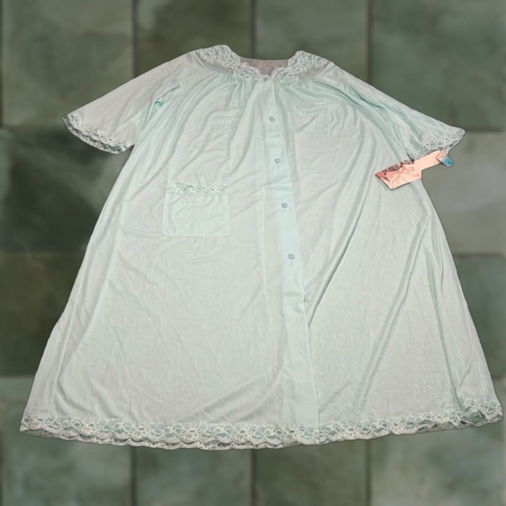 Vintage VINTAGE ShadowLine Nightgown Women Small Sea Foam Blue Satin Floral Short Sleeve Sleepwear Size S / US 4 / IT 40 - 1 Thumbnail