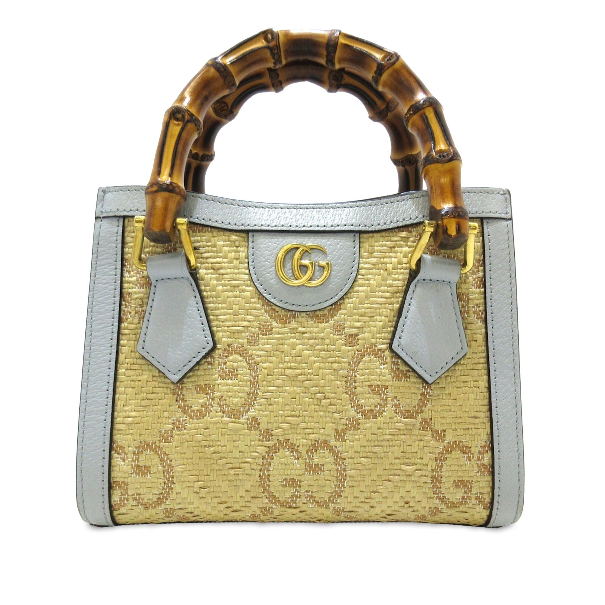 image of Gucci Mini Jumbo GG Raffia Diana Satchel in Brown, Women's