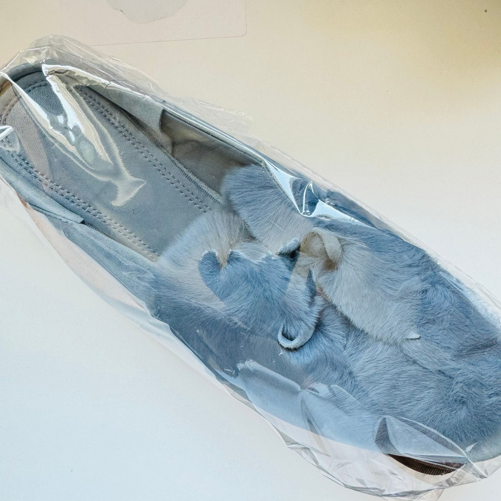 AD Blue Grey Rabbit Fur Flats Toe Bow Slides Mules Shoes 7.5