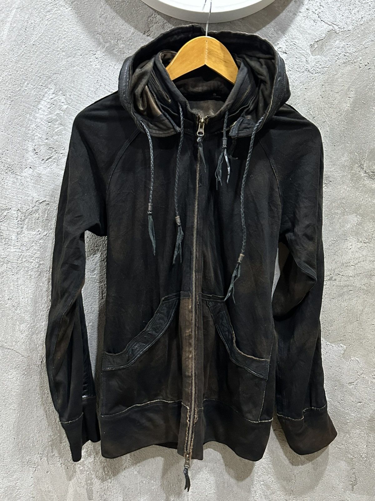 14th Addiction Leather Sheep Skin Acid Wash Hoodie Jacket