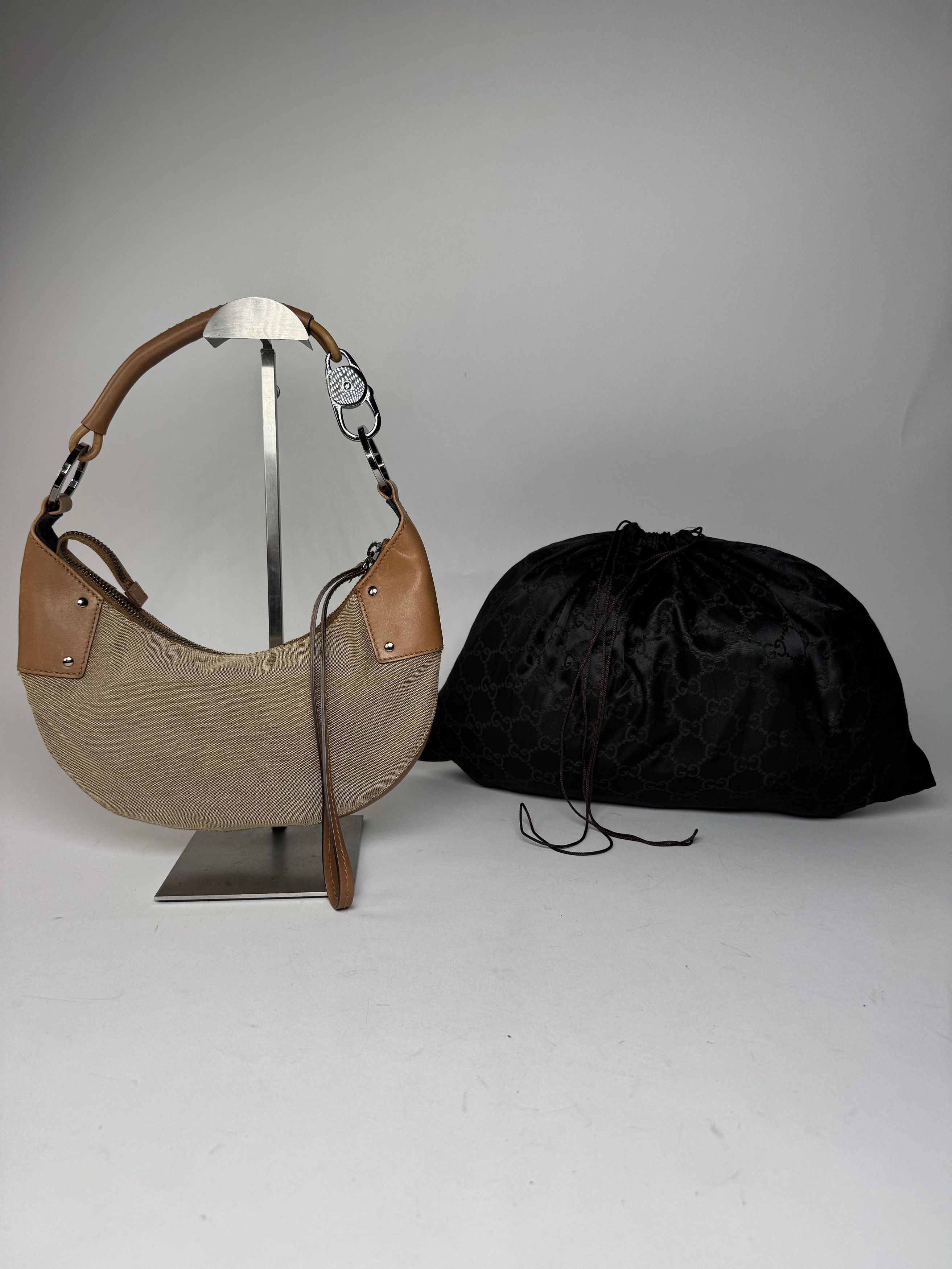 Gucci Vintage Moon Leather Canvas Handbag Beige Brown, Women's