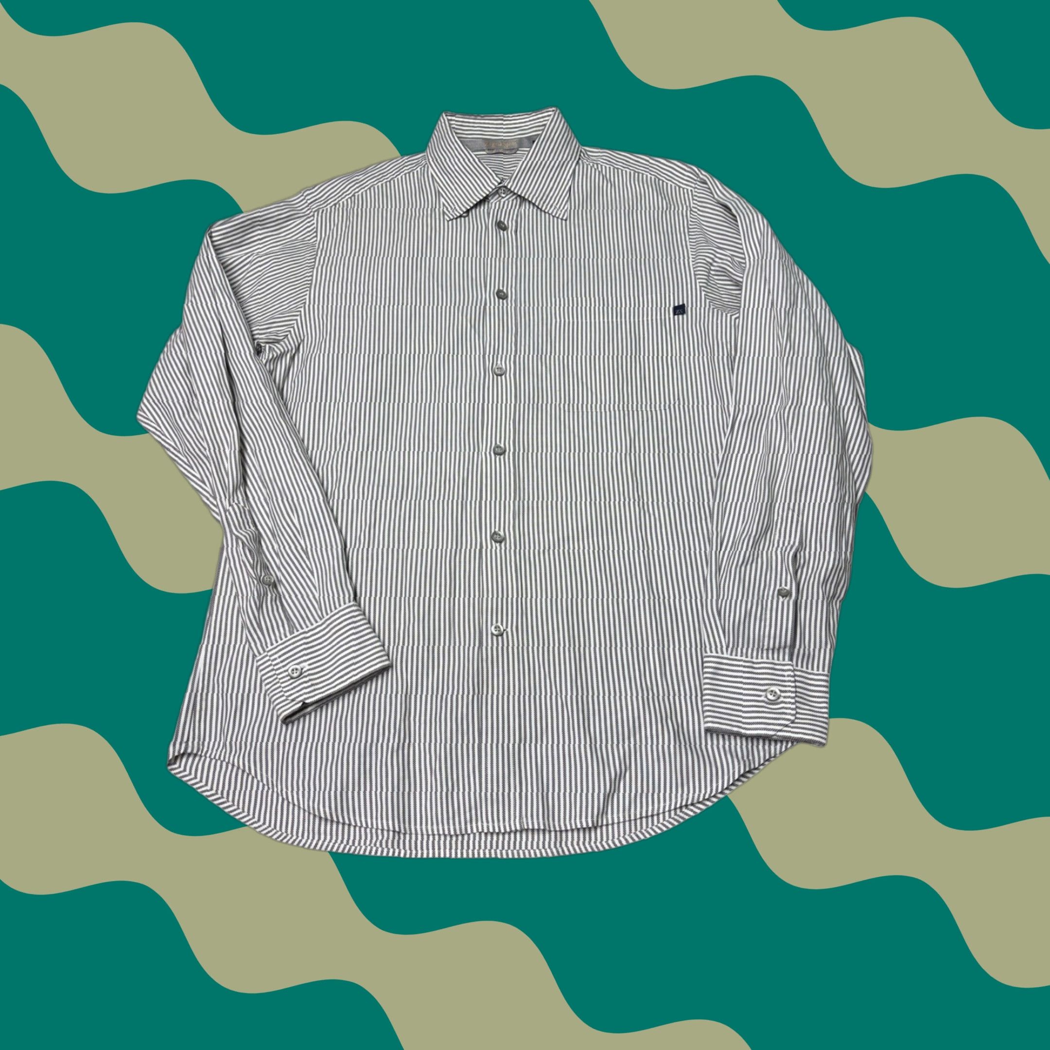 Vintage Zegna Sport Mens Striped Button-Down Shirt Grey White Cotton M Regular Chest Pocket Casual Business Size US M / EU 48-50 / 2 - 1 Thumbnail