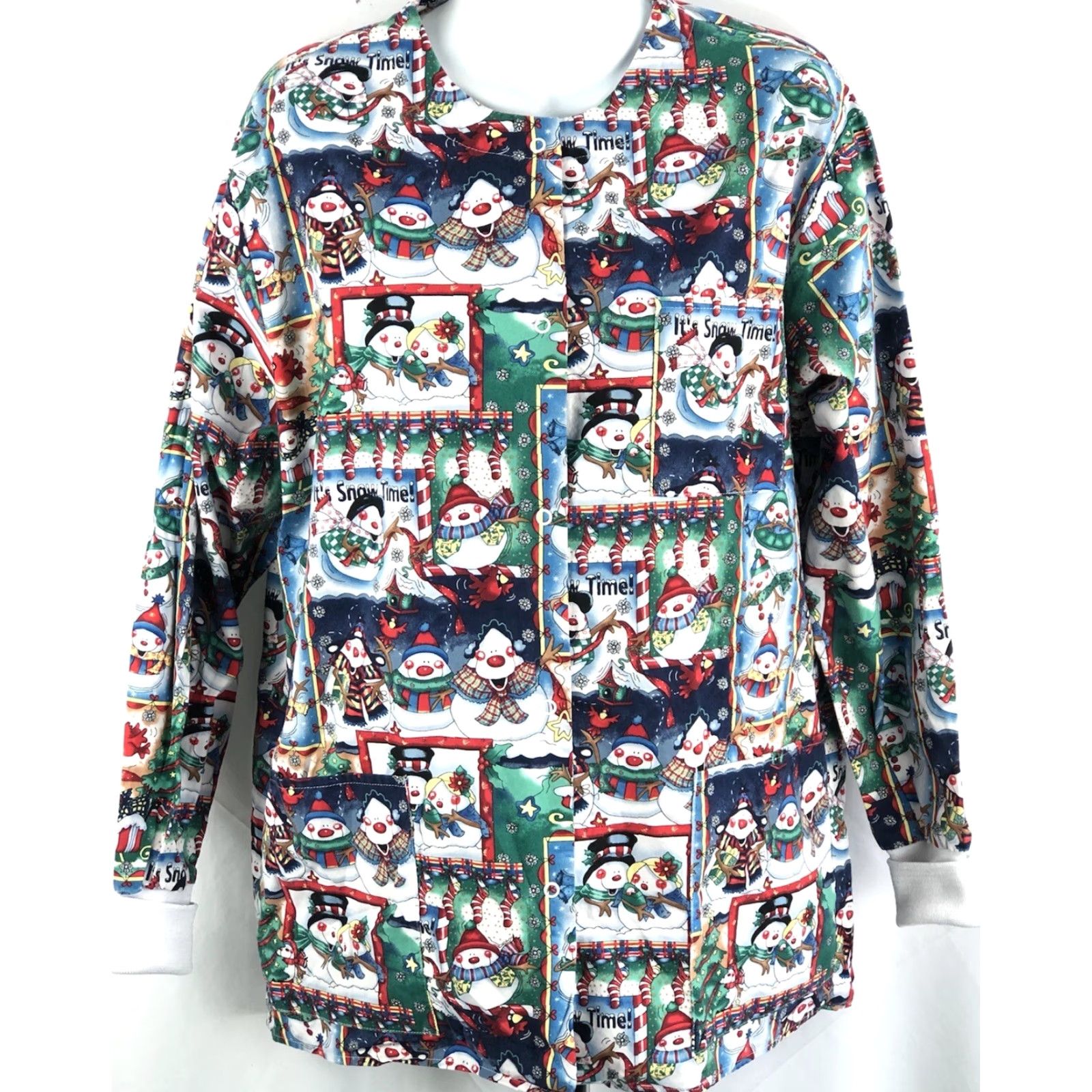 Vintage Barco Scrubs Top M Christmas Holiday Print LongSleeve Pockets Snap Front Snowman Womens) Size US M / EU 48-50 / 2 - 6 Thumbnail