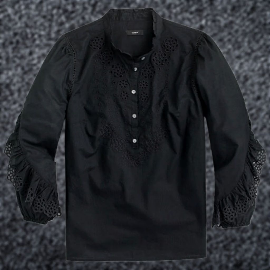 J.Crew J.CREW Blouse Women Medium Black Ruffle-Sleeve Embroidered Eyelet Mock Neck Long Sleeve AR971 Size M / US 6-8 / IT 42-44 - 1 Thumbnail