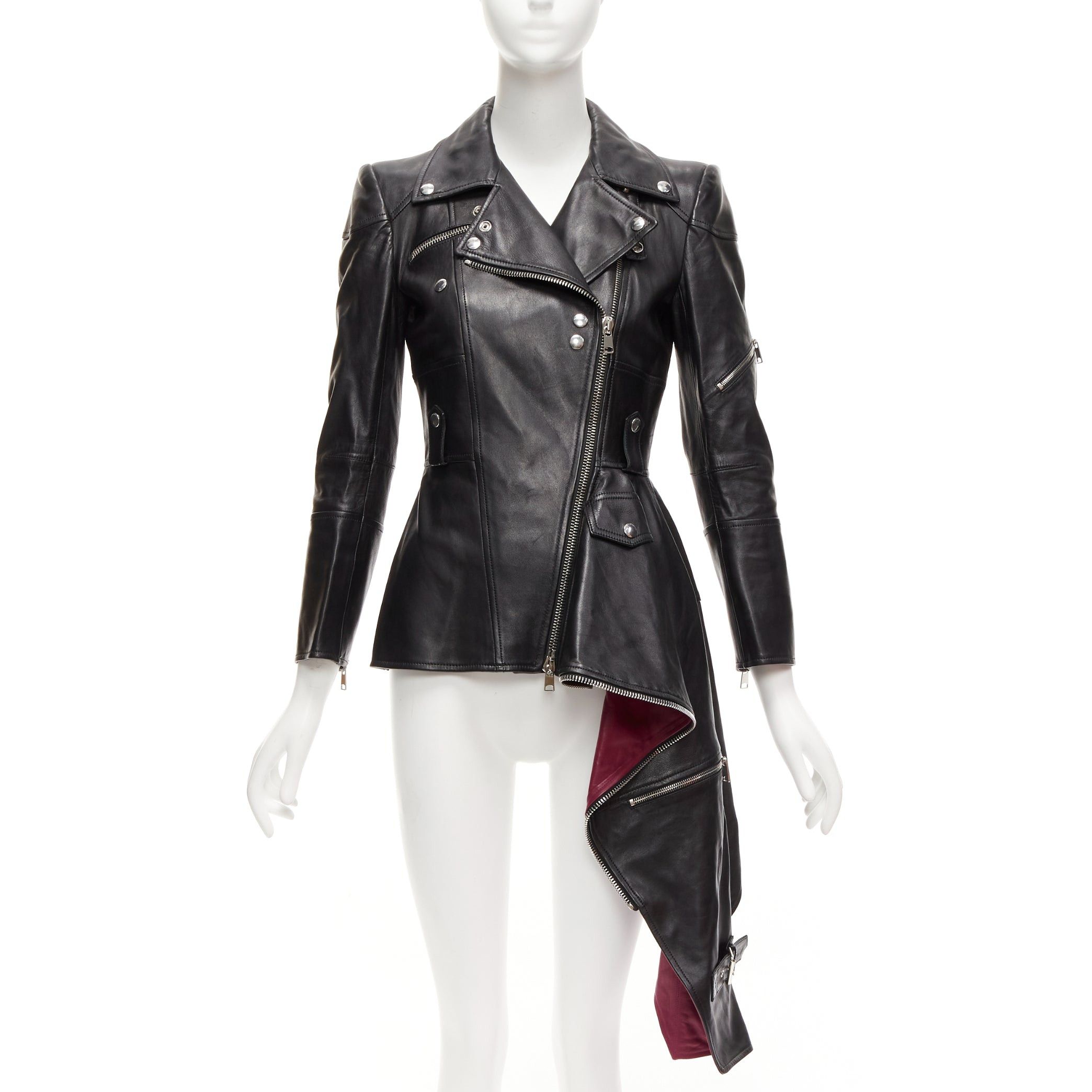 Alexander McQueen ALEXANDER MCQUEEN Runway black leather zip asymmetric hem biker jacket IT38 XS Size XS / US 0-2 / IT 36-38 - 1 Thumbnail