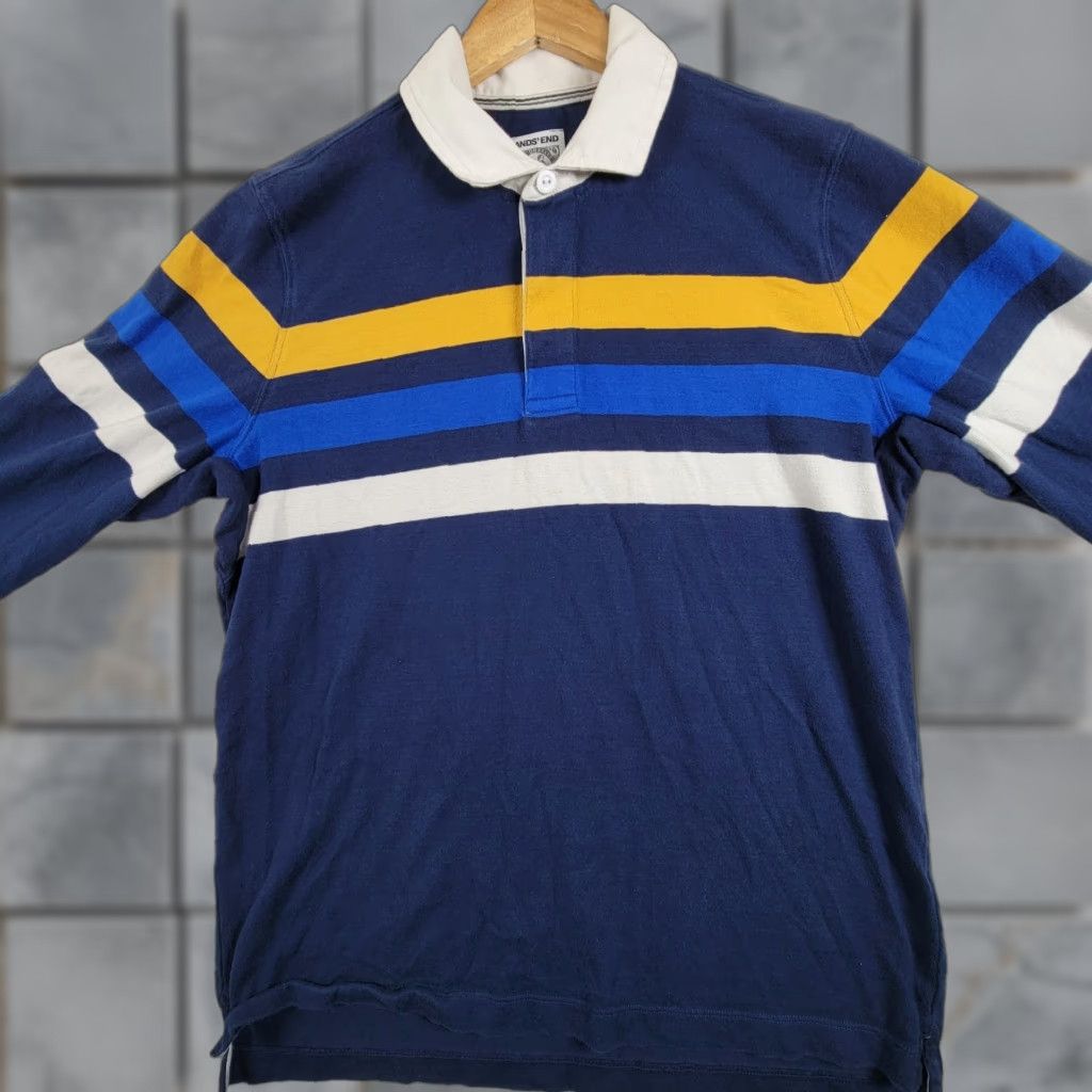 Lands' End Lands' End Rugby Long Sleeve Shirt Mens M Navy Stripe 100% Cotton Preppy Knit Collared Button Polo Size US M / EU 48-50 / 2 - 1 Thumbnail