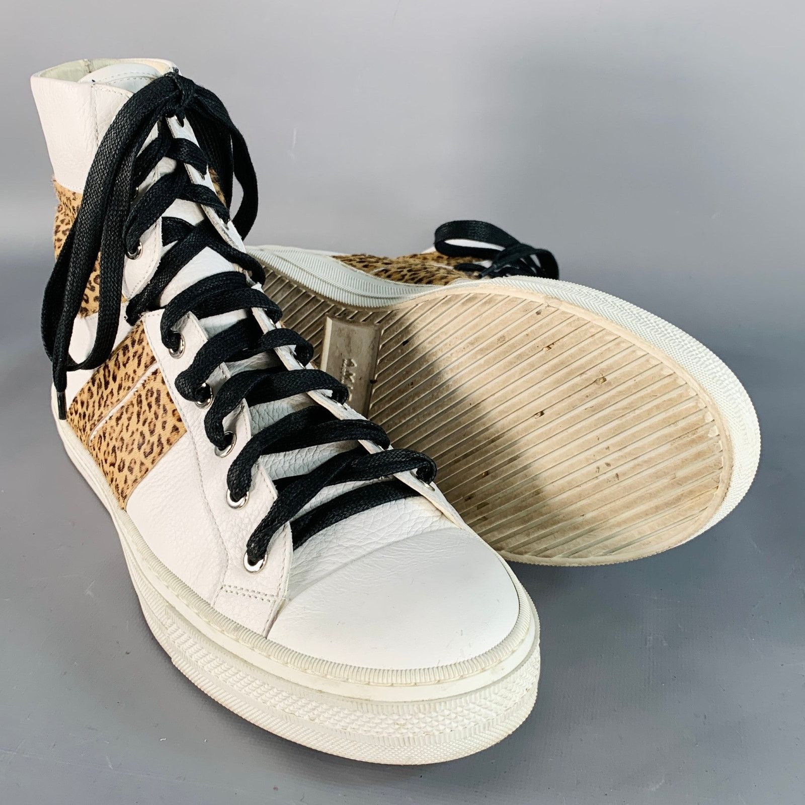 Amiri White Brown Animal Print Faux Fur Leather High Top Sneakers Size US 11 / EU 44 - 5 Thumbnail