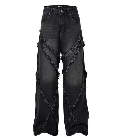 Jean Vintage Street Punk Hip Hop Washed Raw Hem Loose Fit Jeans Size US 32 / EU 48 - 5 Thumbnail