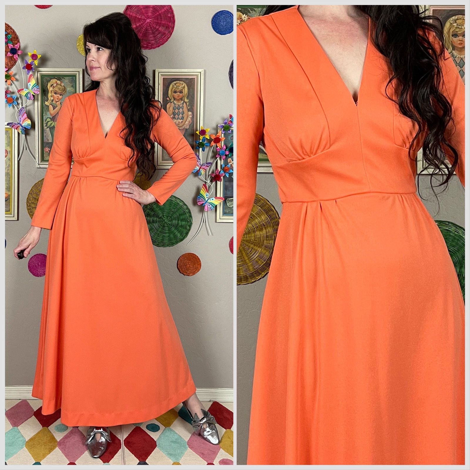 Vintage 1970s Tangerine Orange Long Sleeve Empire Waist Maxi Dress Size S / US 4 / IT 40 - 1 Thumbnail