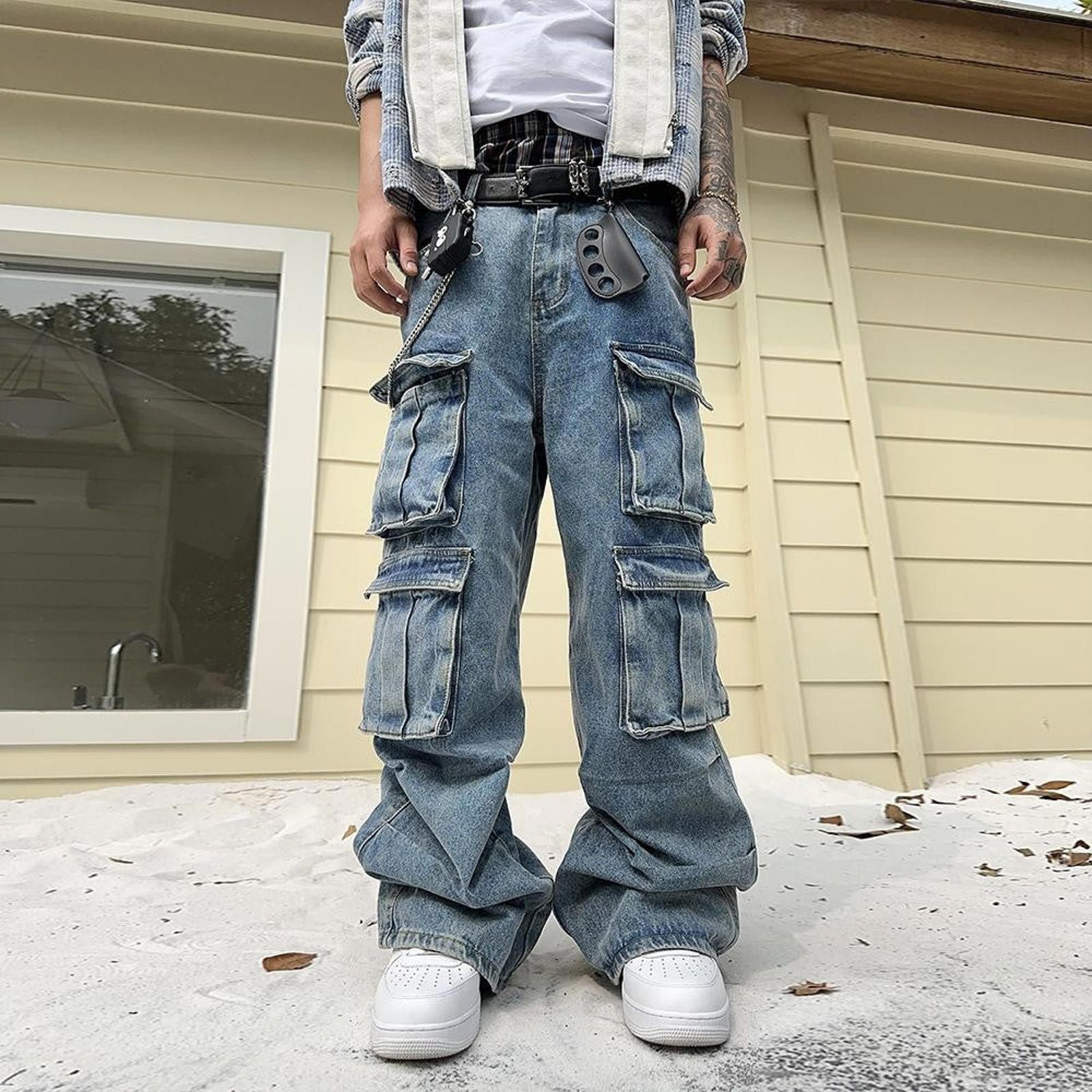 Multi Pocket Cargo Stacked Flared Jeans