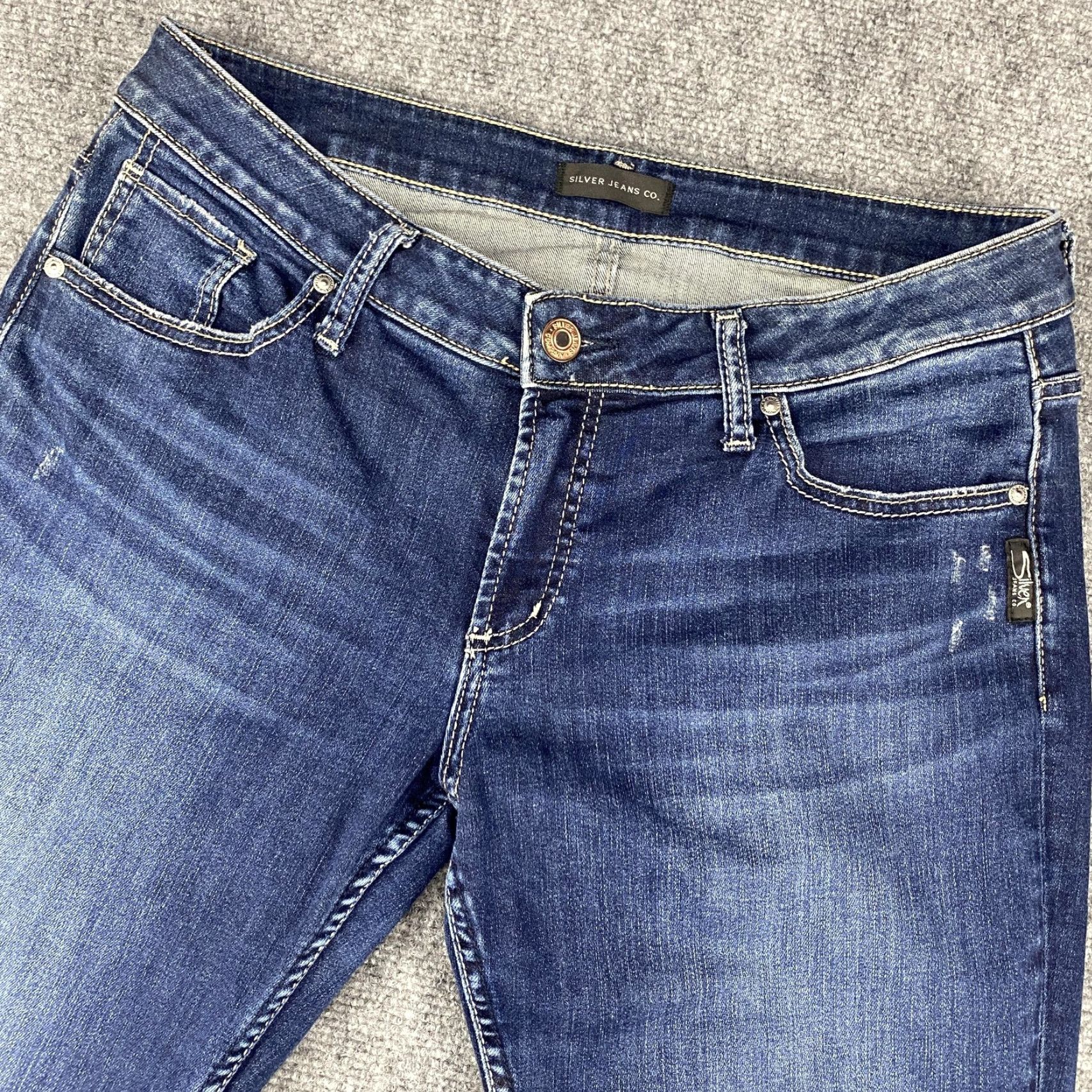 Silver Jeans Co. Silver Jeans Co Jeans Womens 33 Blue Slim Straight Ankle Cropped Distressed Raw Hem Embroidered Pockets Zipper Fly Womens Jeans Size 24" / US 00 / IT 34 - 2 Thumbnail