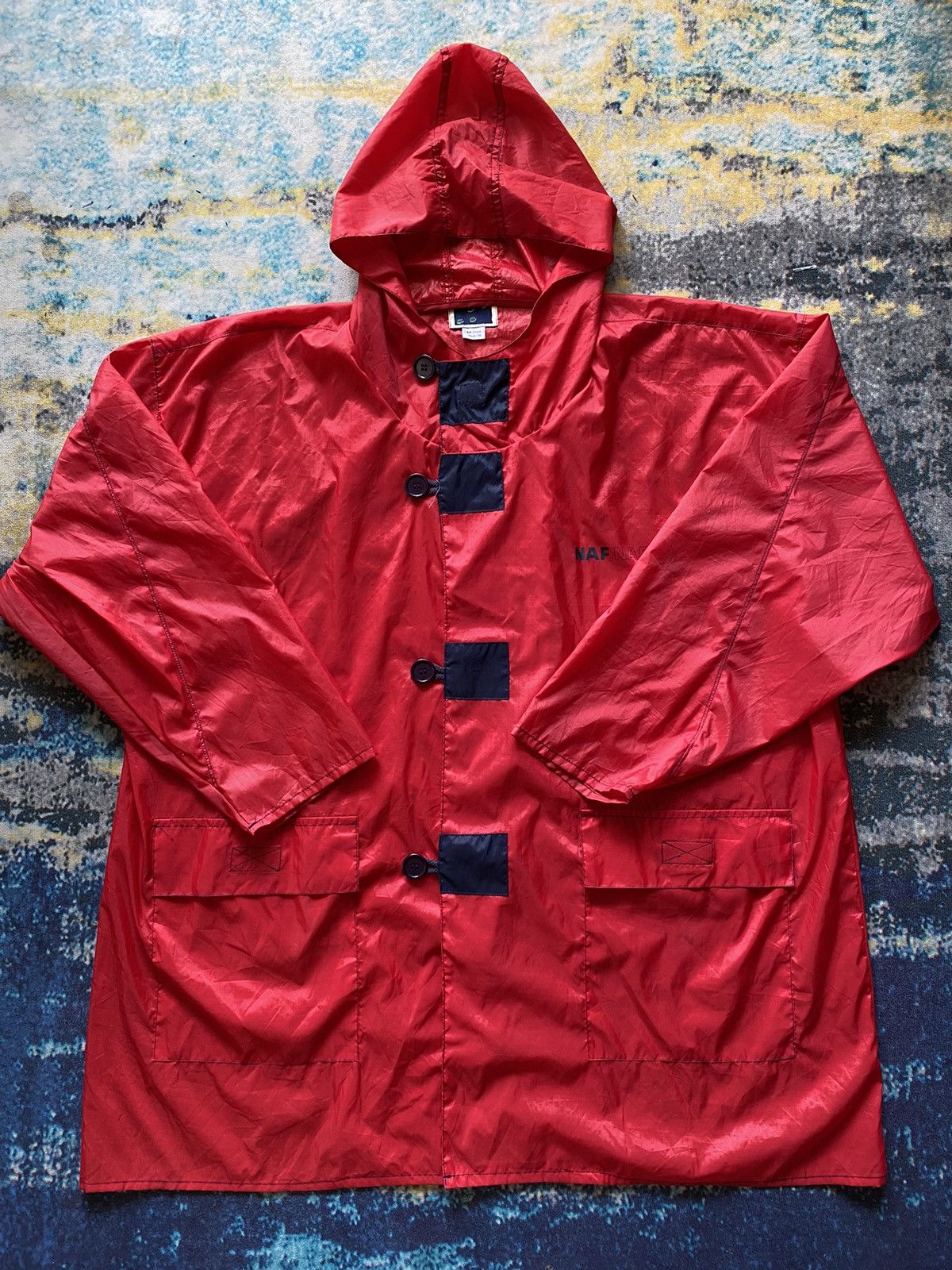 Red Naf Naf Light Raincoat w Hoodie (L-XL)