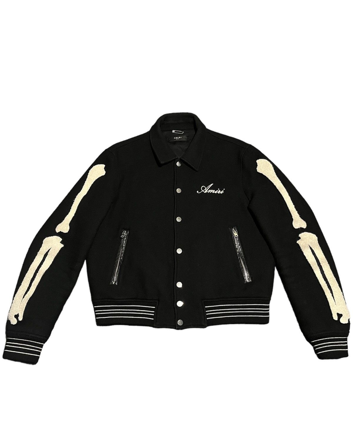 image of 50 Amiri Bone Bomber Varsity Skeleton Jacket Letterman Black, Men's (Size Small)