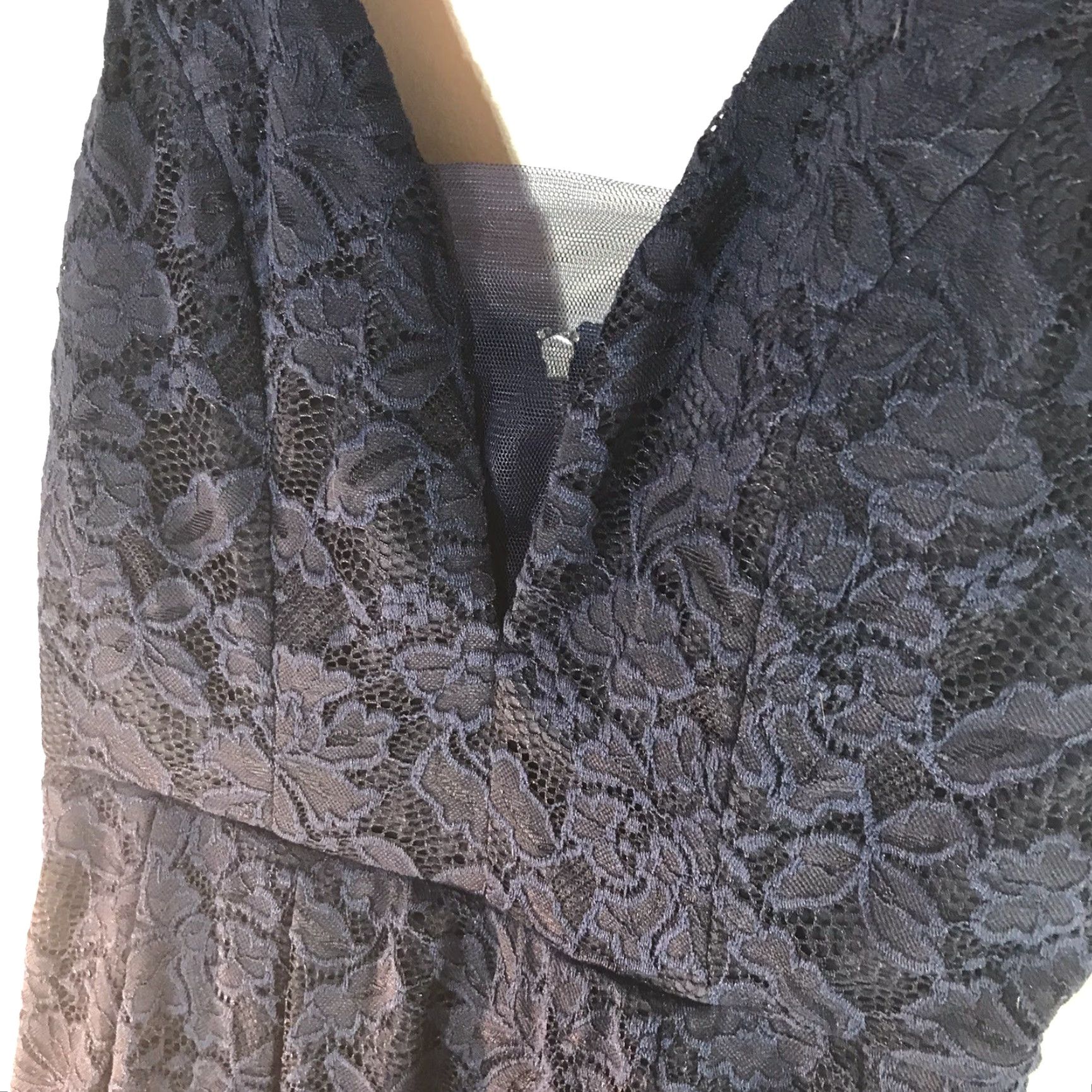 Vintage Crystal Diamond Lace Deep V-Neck Strappy Formal Dress Womens Size 13 Blue Sheer Fit & Flare Size XL / US 12-14 / IT 48-50 - 2 Thumbnail