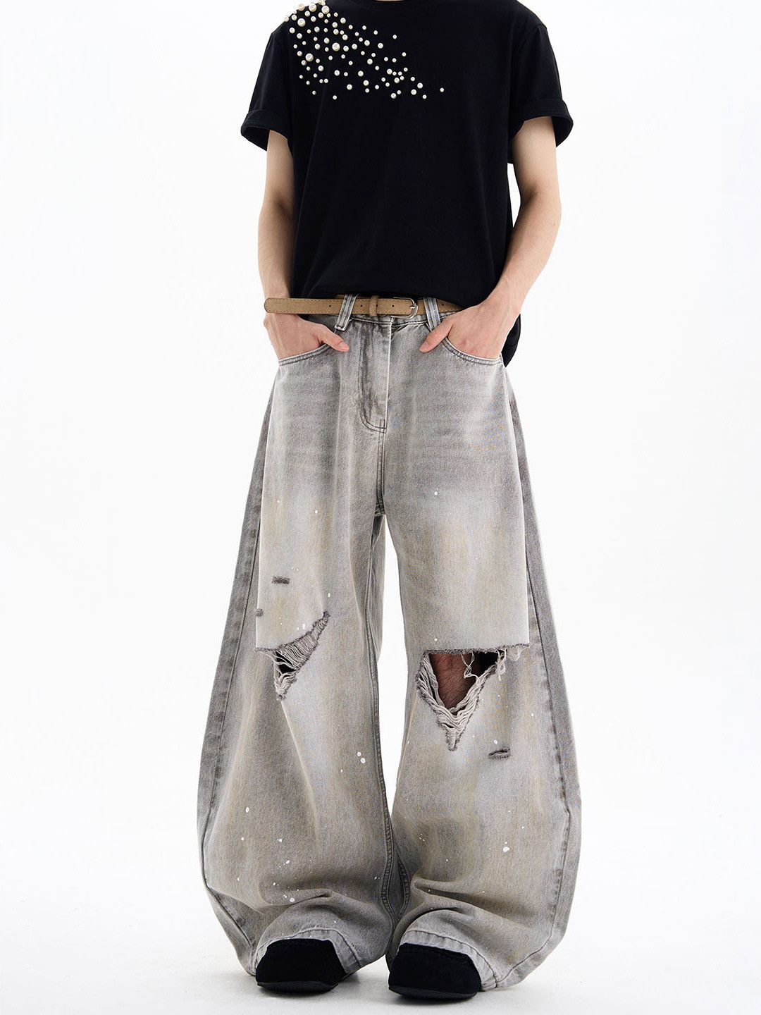 Vintage Street Splatter-Paint Washed Distressed Curved-Leg Jeans Size US 32 / EU 48 - 3 Thumbnail