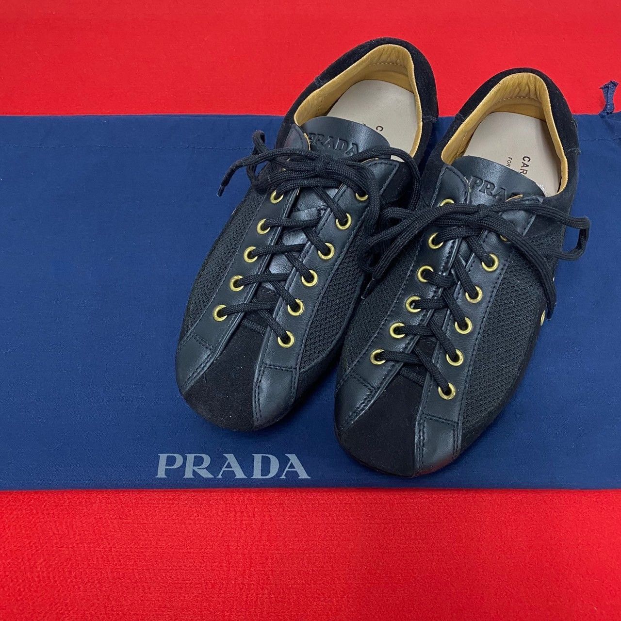 Prada Prada Car Shoes Nylon Suede Leather Sneakers Leather Shoes 01A37 in Black, Women's