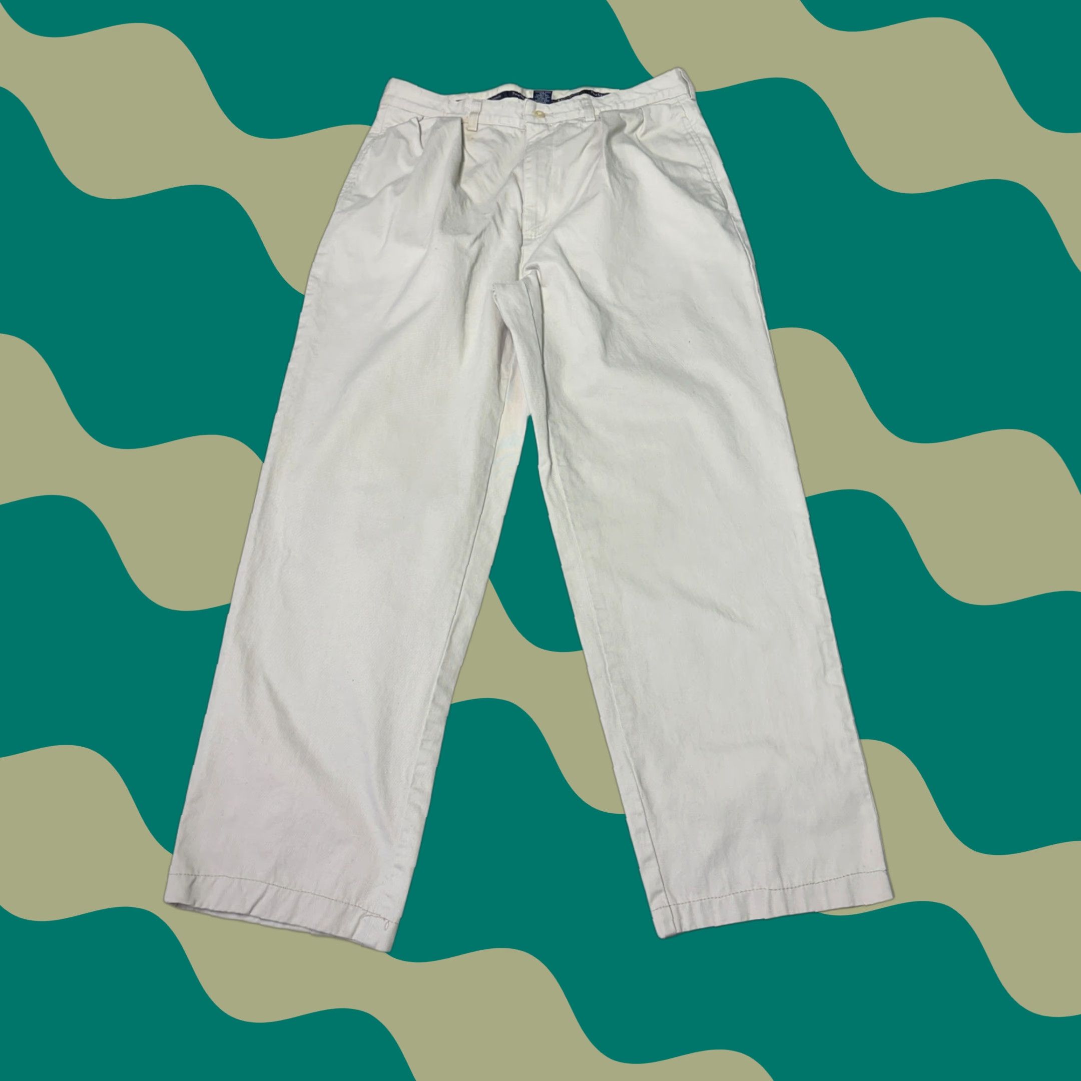 Polo Ralph Lauren Chino Pants Khaki Mens Classic Fit Pleated 34x32 Beige Canvas 5-Pocket Design Button Zipper Mens