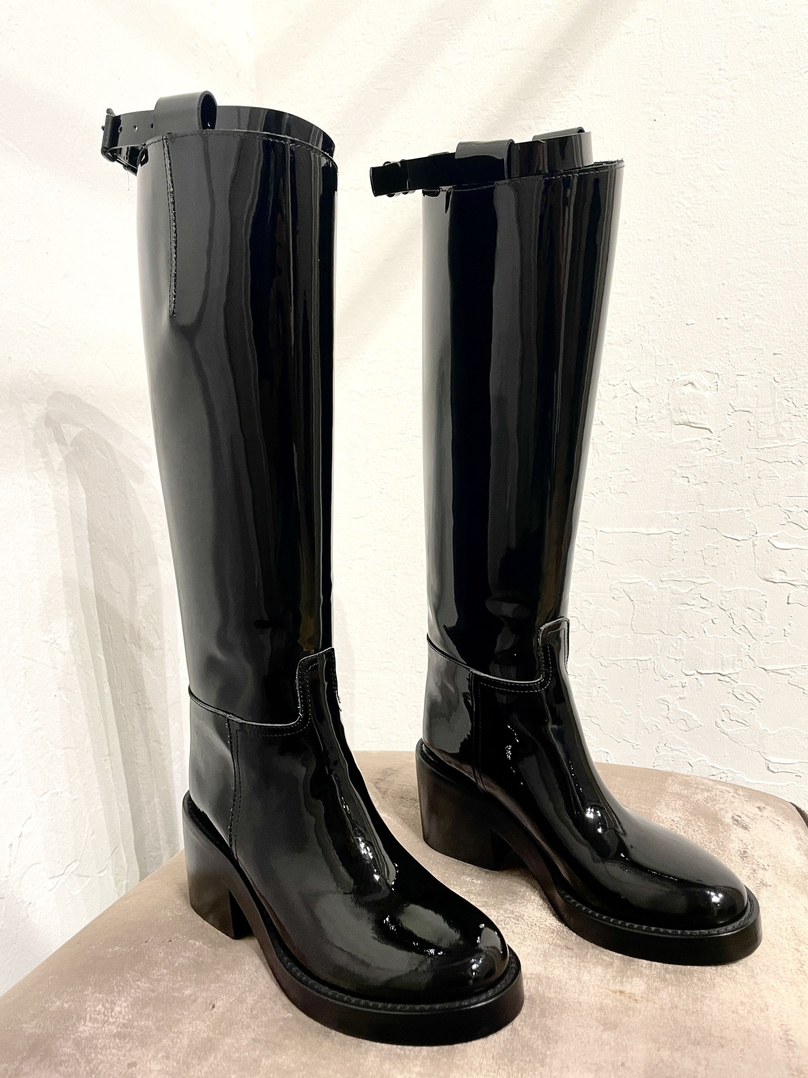 image of Ann Demeulemeester Stan Heel Shoes Gloss Riding Boots in Black, Women's (Size 7)
