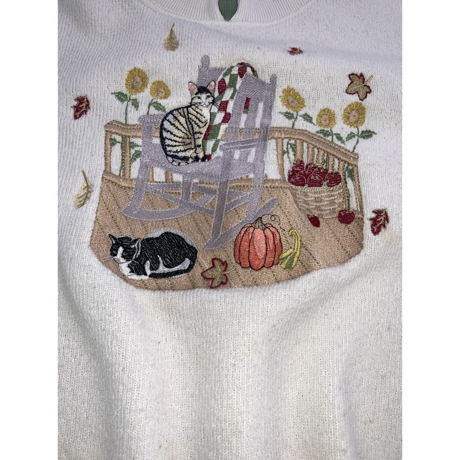 Vintage VINTAGE BonWorth Sweatshirt Cat Embroidered Grandma Collar Large Fall Autumn Knit Ivory Long Sleeve Pullover 90s Womens Size L / US 10 / IT 46 - 2 Thumbnail