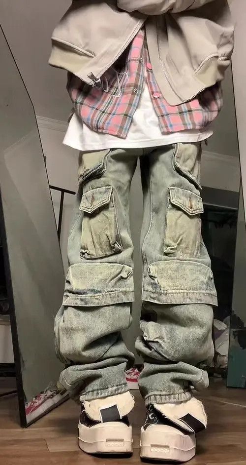 Jean Retro yellow mud-dyed washed distressed multi-pocket jeans Size US 34 / EU 50 - 4 Thumbnail