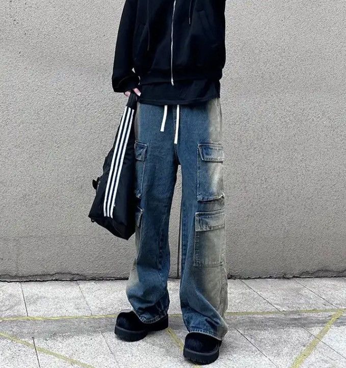 image of Distressed Denim Washed Blue Washed Casual Lace-Up Pocket Trouser Pant, Men's (Size 31)