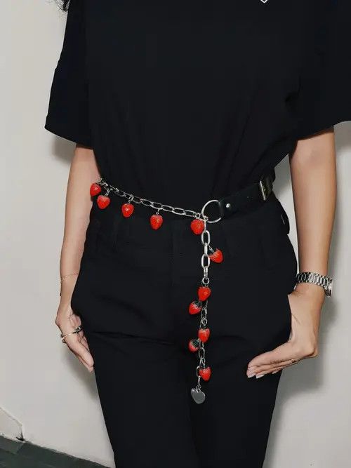 Jewelry Black Chain Belt with Red Pom Pom Charms, Fashion Accessory Size ONE SIZE - 4 Thumbnail