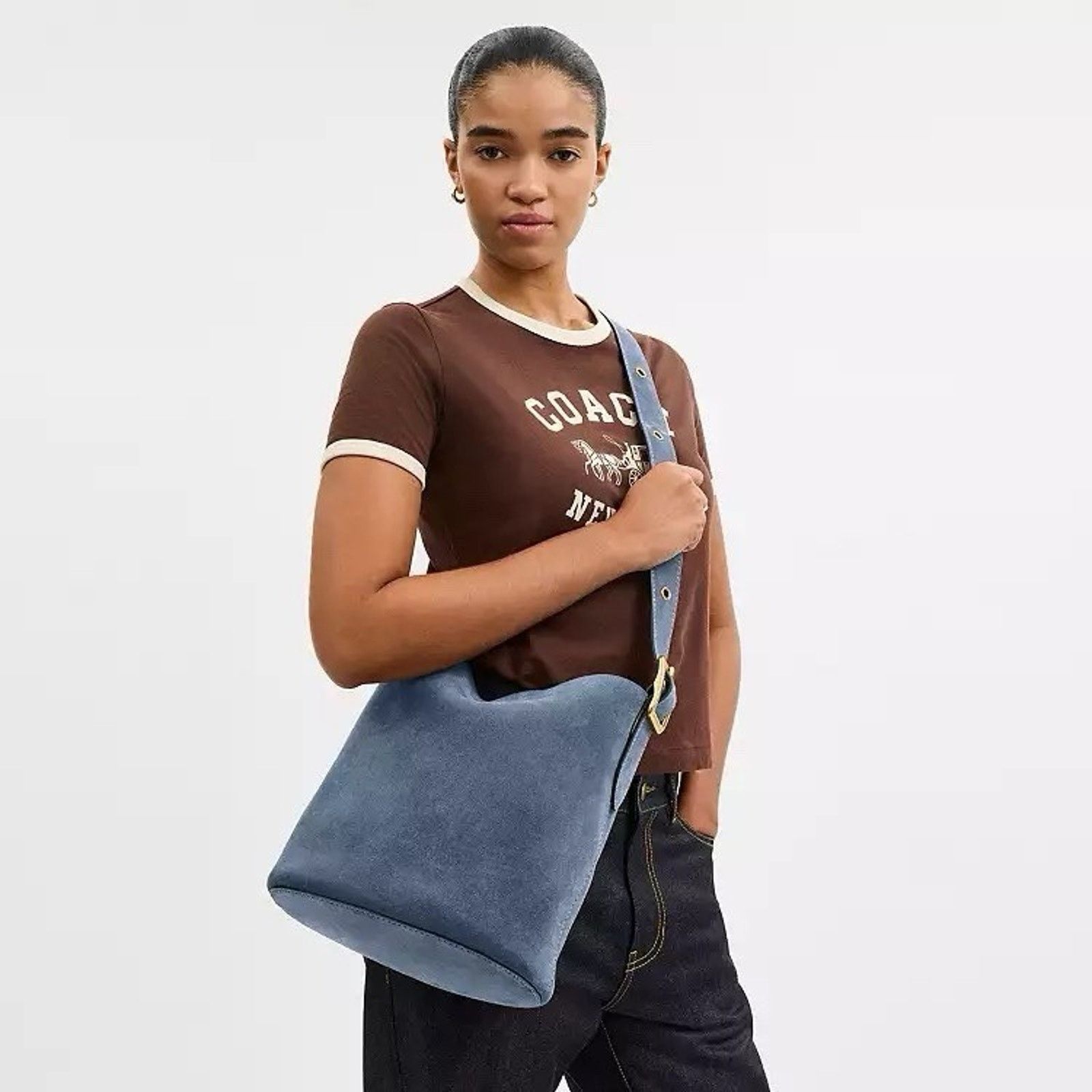 Coach NWT Coach Bleecker Bucket Bag CCC24 suede Brass/Light Denim Size ONE SIZE - 12 Thumbnail