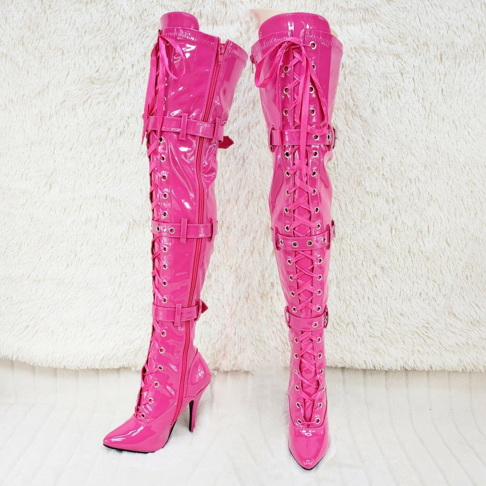 Other Seduce 3028 Hot Pink Lace Up Thigh High Boots 5" Stiletto He Size US 12 / IT 42 - 3 Thumbnail
