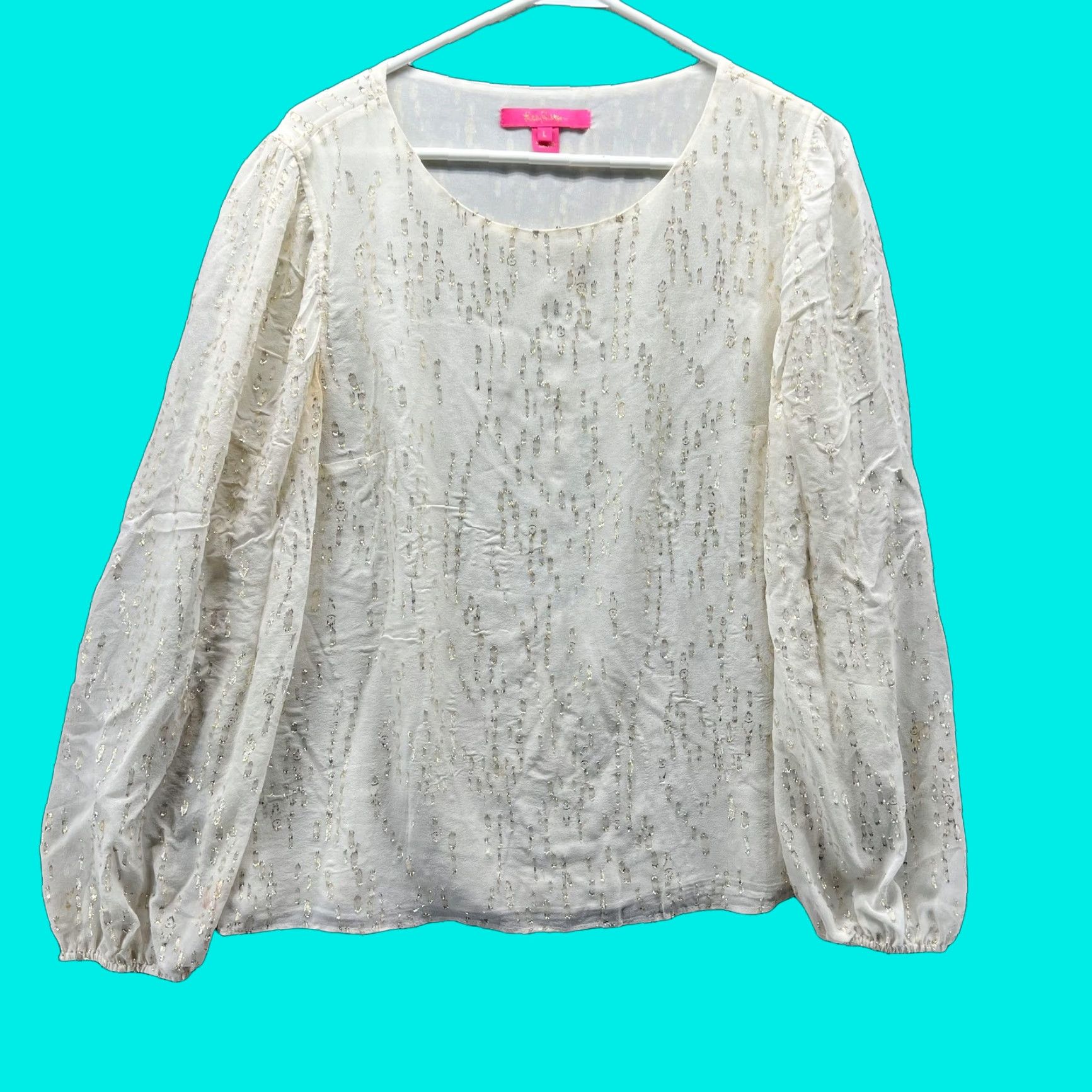 Lilly Pulitzer Lilly Pulitzer Blouse Womens Large White Metallic Silk Blend Long Sleeve Top Size L / US 10 / IT 46 - 1 Thumbnail