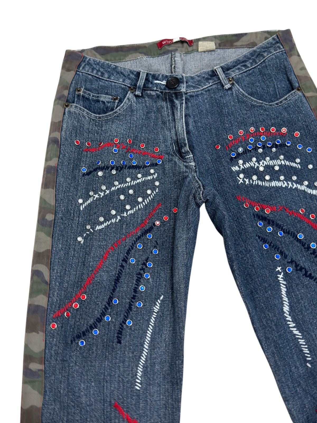 If Six Was Nine FLARED WINK WINK COLOURFUL STUDDED CAMO STRIPED JEANS Size US 28 / EU 44 - 4 Thumbnail