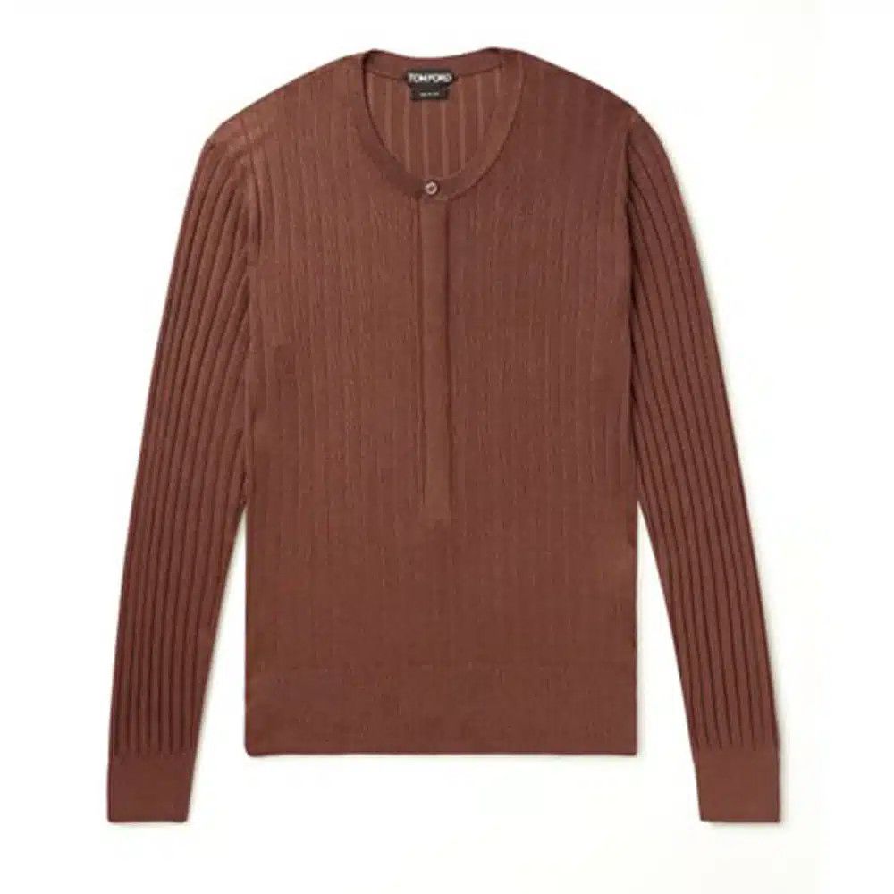 Tom Ford o1loc1c0625 KYL003 Silk Blend Henley T-Shirt in Brown Size US L / EU 52-54 / 3 - 1 Thumbnail