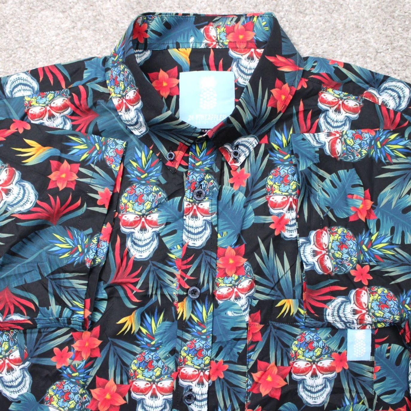 Vintage 21 Pineapples Shirt Mens Large Black Sugar Skulls Hawaiian Polyester Stretch S/S Shirt Size US L / EU 52-54 / 3 - 2 Thumbnail
