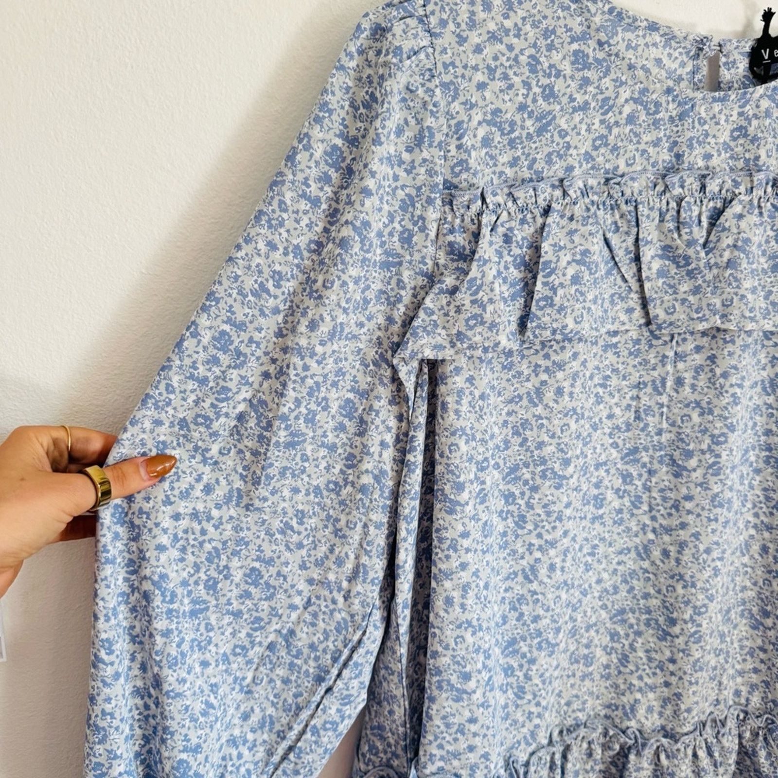 Nordstrom NEW Lavender Blue White Floral Ruffle $88 Blouse Shirt Top Size L / US 10 / IT 46 - 4 Thumbnail