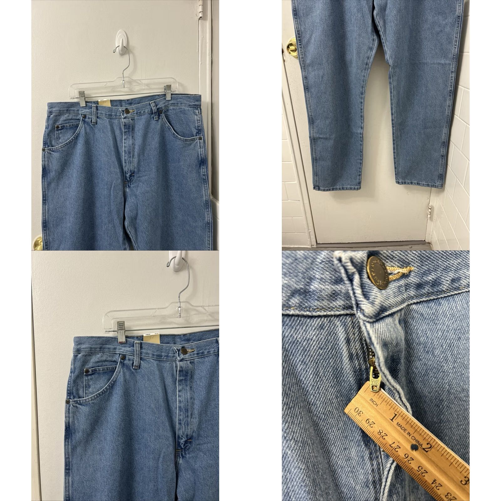 Wrangler Wrangler Jeans Mens Light Wash Regular Classic Fit Denim 5-Pocket Zipper Button USA Logo Rugged Wear Sorts 40x30 Blue Mens Size US 40 / EU 56 - 8 Thumbnail