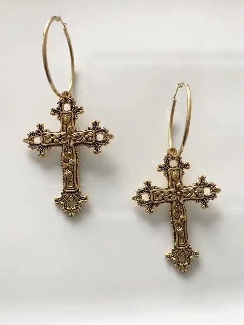 Japanese Brand Antique Cross Gold Hoop Earrings Size ONE SIZE - 4 Thumbnail